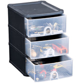 Schubladenbox DIN A5 mit 3 Schubladen 25x20x29 cm - schwarz-transparent Kunststoff Drawer Tower Box Organizer für Schreibtisch Easy-Pull-System